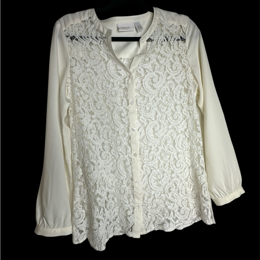 Chico's Cream Long Sleeve Embellished Blouse